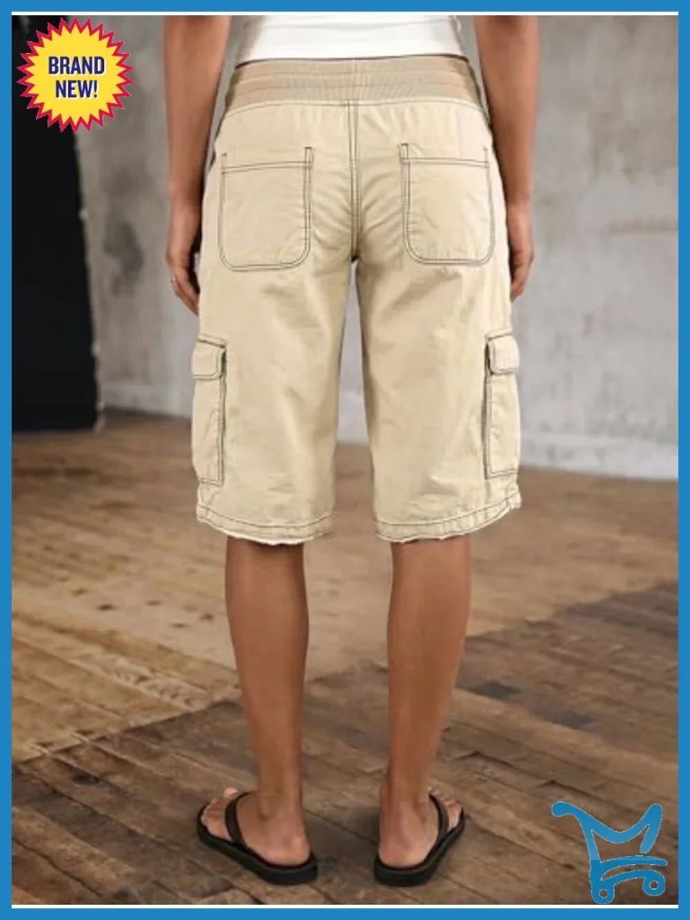 Women Elastic Mid Rise Contrast Stitch Drawstring Cargo Denim Bermuda Shorts